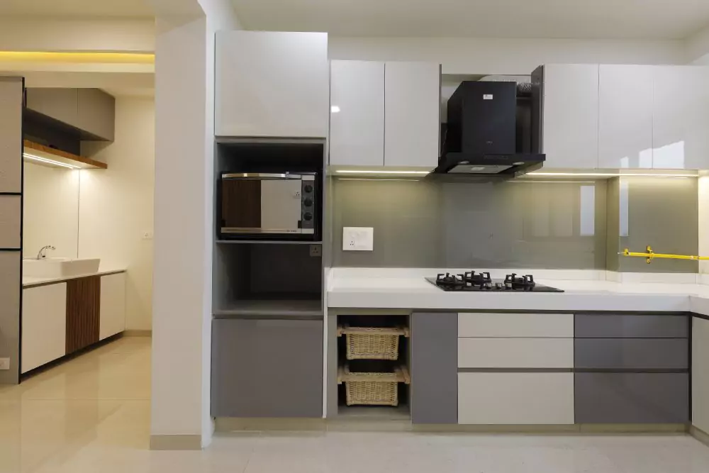 modern modular kitchen with white and grey cabinets